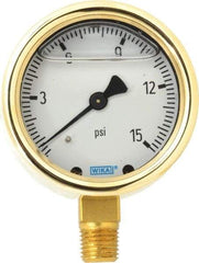 Wika - 2-1/2" Dial, 1/4 Thread, 0-15 Scale Range, Pressure Gauge - Lower Connection Mount, Accurate to 1.5% of Scale - USA Tool & Supply