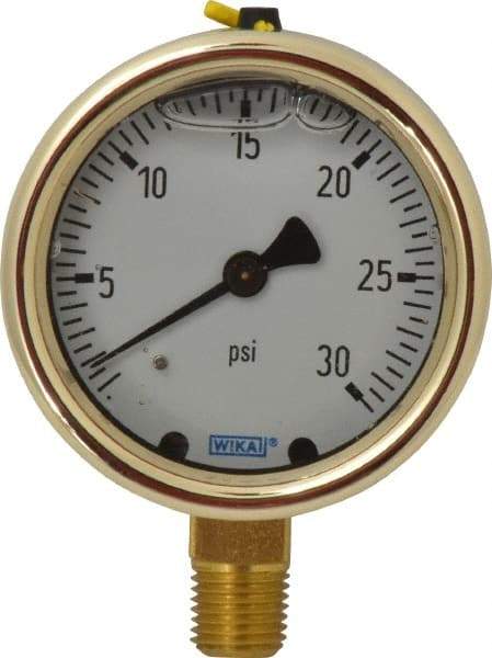 Wika - 2-1/2" Dial, 1/4 Thread, 0-30 Scale Range, Pressure Gauge - Lower Connection Mount, Accurate to 1.5% of Scale - USA Tool & Supply