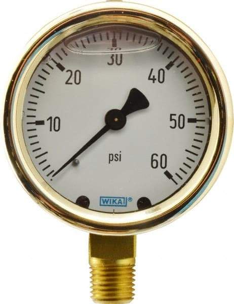 Wika - 2-1/2" Dial, 1/4 Thread, 0-60 Scale Range, Pressure Gauge - Lower Connection Mount, Accurate to 1.5% of Scale - USA Tool & Supply