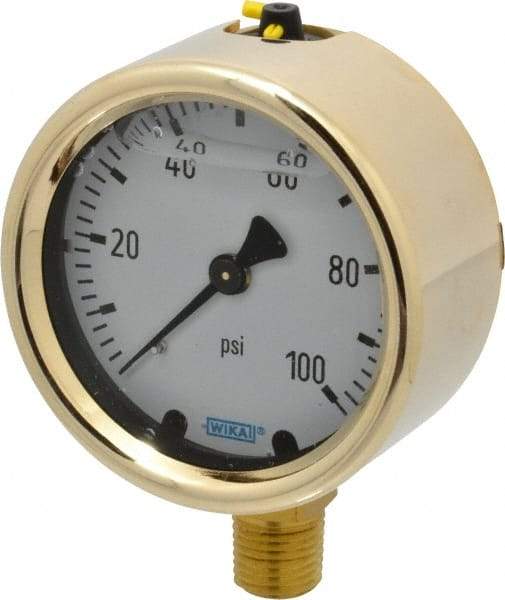 Wika - 2-1/2" Dial, 1/4 Thread, 0-100 Scale Range, Pressure Gauge - Lower Connection Mount, Accurate to 1.5% of Scale - USA Tool & Supply