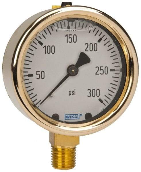 Wika - 2-1/2" Dial, 1/4 Thread, 0-300 Scale Range, Pressure Gauge - Lower Connection Mount, Accurate to 1.5% of Scale - USA Tool & Supply