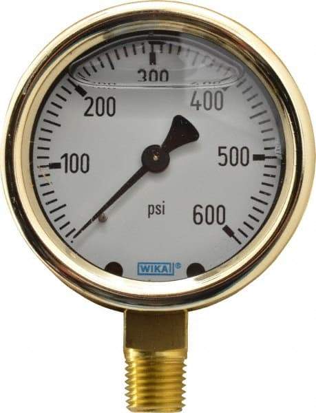 Wika - 2-1/2" Dial, 1/4 Thread, 0-600 Scale Range, Pressure Gauge - Lower Connection Mount, Accurate to 1.5% of Scale - USA Tool & Supply