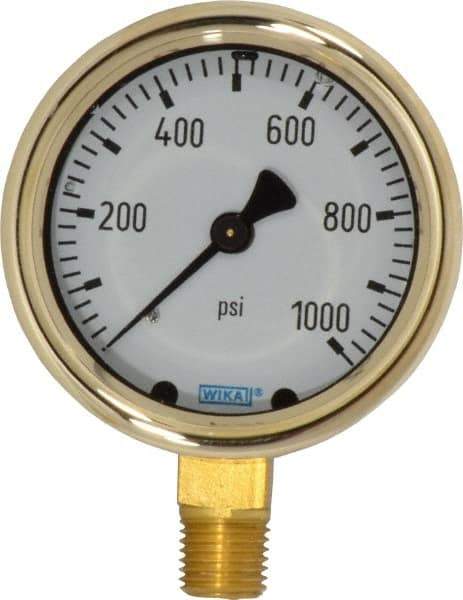 Wika - 2-1/2" Dial, 1/4 Thread, 0-1,000 Scale Range, Pressure Gauge - Lower Connection Mount, Accurate to 1.5% of Scale - USA Tool & Supply