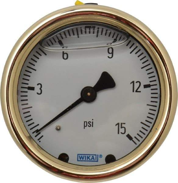 Wika - 2-1/2" Dial, 1/4 Thread, 0-15 Scale Range, Pressure Gauge - Back Connection Mount, Accurate to 1.5% of Scale - USA Tool & Supply
