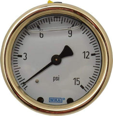 Wika - 2-1/2" Dial, 1/4 Thread, 0-15 Scale Range, Pressure Gauge - Back Connection Mount, Accurate to 1.5% of Scale - USA Tool & Supply