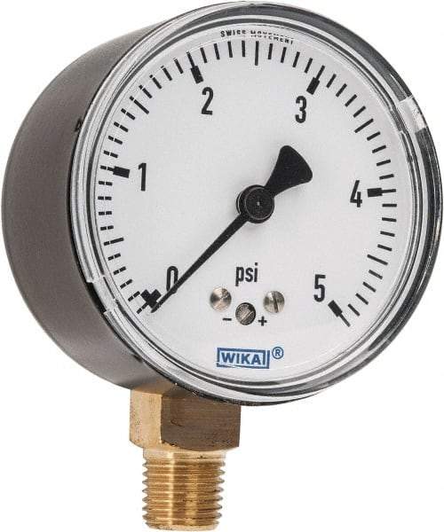 Wika - 2-1/2" Dial, 1/4 Thread, 0-5 Scale Range, Pressure Gauge - Lower Connection Mount, Accurate to 1.5% of Scale - USA Tool & Supply