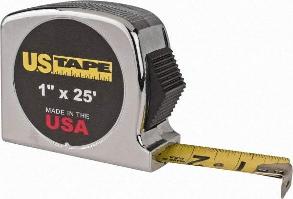 US Tape - 25' x 1" Yellow Blade Tape Measure - 1/32 & 1/16" Graduation, Inch Graduation Style, Silver Case - USA Tool & Supply