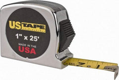 US Tape - 25' x 1" Yellow Blade Tape Measure - 1/32 & 1/16" Graduation, Inch Graduation Style, Silver Case - USA Tool & Supply