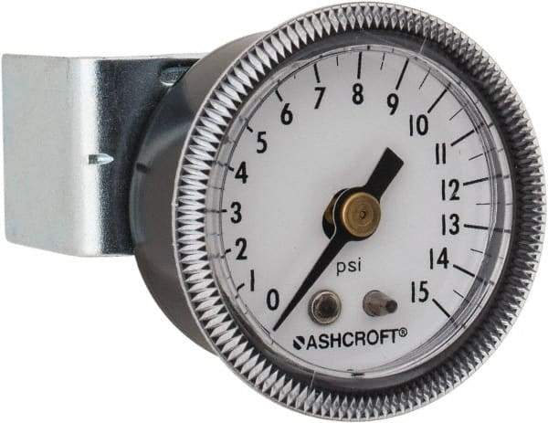 Ashcroft - 1-1/2" Dial, 1/8 Thread, 0-15 Scale Range, Pressure Gauge - Center Back Connection Mount - USA Tool & Supply