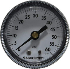 Ashcroft - 2" Dial, 1/4 Thread, 0-60 Scale Range, Pressure Gauge - Center Back Connection Mount - USA Tool & Supply