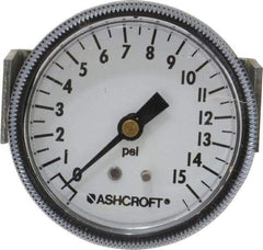 Ashcroft - 2-1/2" Dial, 1/4 Thread, 0-15 Scale Range, Pressure Gauge - Center Back Connection Mount - USA Tool & Supply