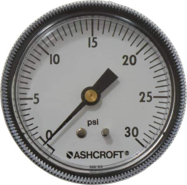 Ashcroft - 2-1/2" Dial, 1/4 Thread, 0-30 Scale Range, Pressure Gauge - Center Back Connection Mount - USA Tool & Supply