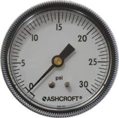 Ashcroft - 2-1/2" Dial, 1/4 Thread, 0-30 Scale Range, Pressure Gauge - Center Back Connection Mount - USA Tool & Supply