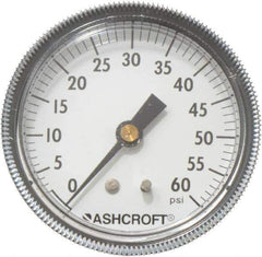 Ashcroft - 2-1/2" Dial, 1/4 Thread, 0-60 Scale Range, Pressure Gauge - Center Back Connection Mount - USA Tool & Supply