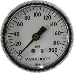 Ashcroft - 2-1/2" Dial, 1/4 Thread, 0-200 Scale Range, Pressure Gauge - Center Back Connection Mount - USA Tool & Supply