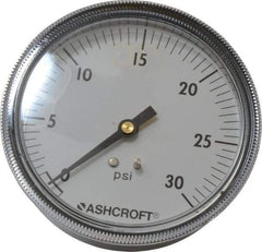 Ashcroft - 3-1/2" Dial, 1/4 Thread, 0-30 Scale Range, Pressure Gauge - Center Back Connection Mount - USA Tool & Supply