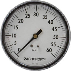 Ashcroft - 3-1/2" Dial, 1/4 Thread, 0-60 Scale Range, Pressure Gauge - Center Back Connection Mount - USA Tool & Supply