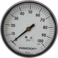 Ashcroft - 3-1/2" Dial, 1/4 Thread, 0-100 Scale Range, Pressure Gauge - Center Back Connection Mount - USA Tool & Supply