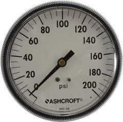 Ashcroft - 3-1/2" Dial, 1/4 Thread, 0-200 Scale Range, Pressure Gauge - Center Back Connection Mount - USA Tool & Supply