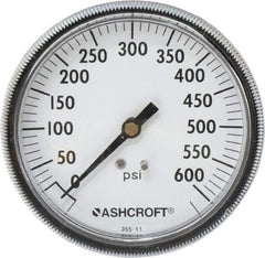 Ashcroft - 3-1/2" Dial, 1/4 Thread, 0-600 Scale Range, Pressure Gauge - Center Back Connection Mount - USA Tool & Supply