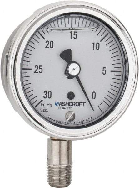 Ashcroft - 2-1/2" Dial, 1/4 Thread, 30-0 Scale Range, Pressure Gauge - Lower Connection Mount, Accurate to 1% of Scale - USA Tool & Supply