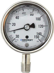 Ashcroft - 2-1/2" Dial, 1/4 Thread, 30-0-150 Scale Range, Pressure Gauge - Lower Connection Mount, Accurate to 1% of Scale - USA Tool & Supply