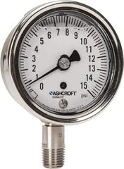 Ashcroft - 2-1/2" Dial, 1/4 Thread, 0-15 Scale Range, Pressure Gauge - Lower Connection Mount, Accurate to 1% of Scale - USA Tool & Supply