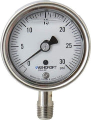 Ashcroft - 2-1/2" Dial, 1/4 Thread, 0-30 Scale Range, Pressure Gauge - Lower Connection Mount, Accurate to 1% of Scale - USA Tool & Supply