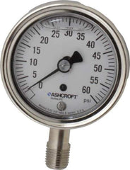 Ashcroft - 2-1/2" Dial, 1/4 Thread, 0-60 Scale Range, Pressure Gauge - Lower Connection Mount, Accurate to 1% of Scale - USA Tool & Supply