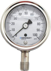 Ashcroft - 2-1/2" Dial, 1/4 Thread, 0-100 Scale Range, Pressure Gauge - Lower Connection Mount, Accurate to 1% of Scale - USA Tool & Supply