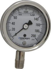Ashcroft - 2-1/2" Dial, 1/4 Thread, 0-200 Scale Range, Pressure Gauge - Lower Connection Mount, Accurate to 1% of Scale - USA Tool & Supply