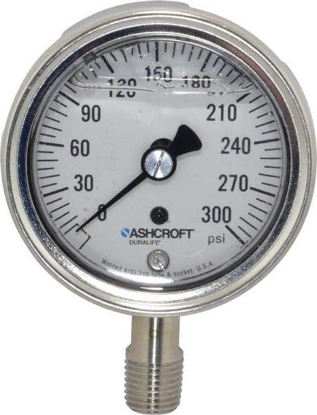 Ashcroft - 2-1/2" Dial, 1/4 Thread, 0-300 Scale Range, Pressure Gauge - Lower Connection Mount, Accurate to 1% of Scale - USA Tool & Supply