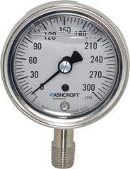 Ashcroft - 2-1/2" Dial, 1/4 Thread, 0-300 Scale Range, Pressure Gauge - Lower Connection Mount, Accurate to 1% of Scale - USA Tool & Supply