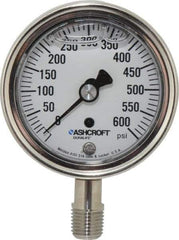 Ashcroft - 2-1/2" Dial, 1/4 Thread, 0-600 Scale Range, Pressure Gauge - Lower Connection Mount, Accurate to 1% of Scale - USA Tool & Supply