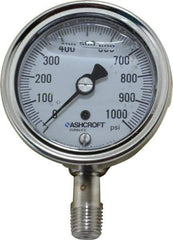 Ashcroft - 2-1/2" Dial, 1/4 Thread, 0-1,000 Scale Range, Pressure Gauge - Lower Connection Mount, Accurate to 1% of Scale - USA Tool & Supply