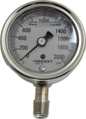 Ashcroft - 2-1/2" Dial, 1/4 Thread, 0-2,000 Scale Range, Pressure Gauge - Lower Connection Mount, Accurate to 1% of Scale - USA Tool & Supply