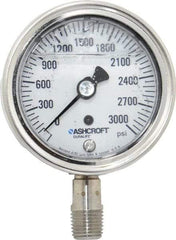 Ashcroft - 2-1/2" Dial, 1/4 Thread, 0-3,000 Scale Range, Pressure Gauge - Lower Connection Mount, Accurate to 1% of Scale - USA Tool & Supply