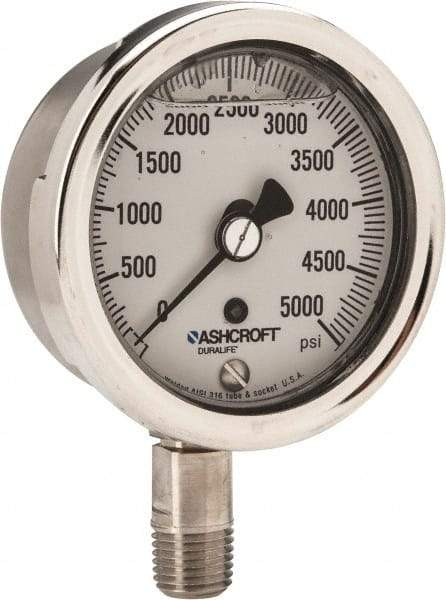 Ashcroft - 2-1/2" Dial, 1/4 Thread, 0-5,000 Scale Range, Pressure Gauge - Lower Connection Mount, Accurate to 1% of Scale - USA Tool & Supply