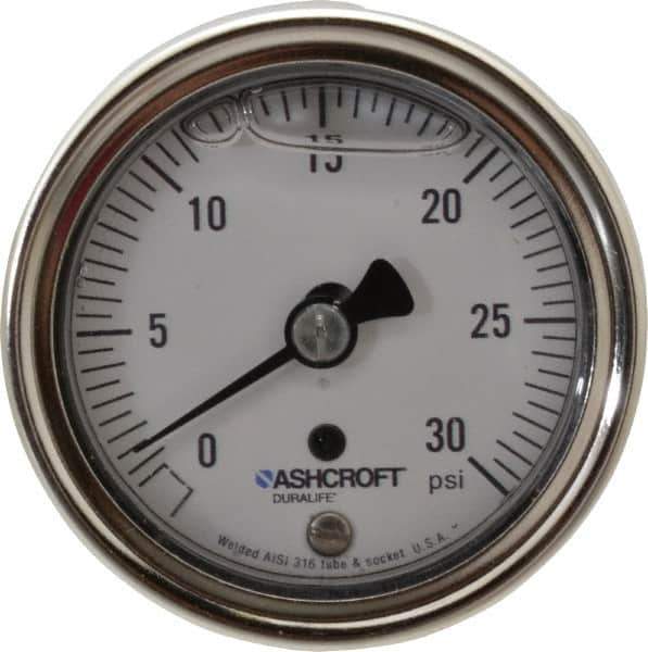 Ashcroft - 2-1/2" Dial, 1/4 Thread, 0-30 Scale Range, Pressure Gauge - Center Back Connection Mount, Accurate to 1% of Scale - USA Tool & Supply