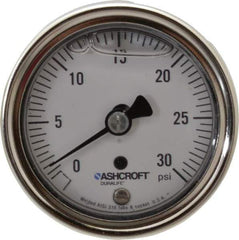 Ashcroft - 2-1/2" Dial, 1/4 Thread, 0-30 Scale Range, Pressure Gauge - Center Back Connection Mount, Accurate to 1% of Scale - USA Tool & Supply