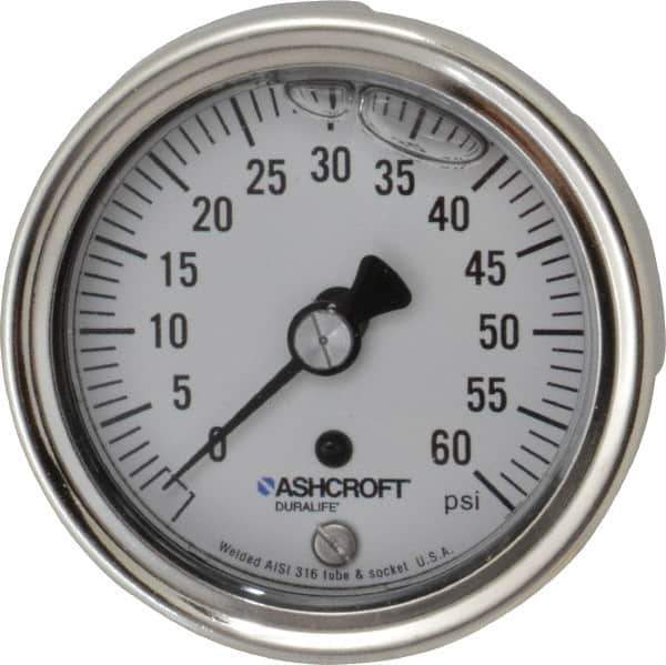 Ashcroft - 2-1/2" Dial, 1/4 Thread, 0-60 Scale Range, Pressure Gauge - Center Back Connection Mount, Accurate to 1% of Scale - USA Tool & Supply