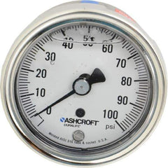 Ashcroft - 2-1/2" Dial, 1/4 Thread, 0-100 Scale Range, Pressure Gauge - Center Back Connection Mount, Accurate to 1% of Scale - USA Tool & Supply