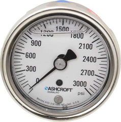 Ashcroft - 2-1/2" Dial, 1/4 Thread, 0-3,000 Scale Range, Pressure Gauge - Center Back Connection Mount, Accurate to 1% of Scale - USA Tool & Supply