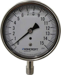 Ashcroft - 3-1/2" Dial, 1/4 Thread, 0-15 Scale Range, Pressure Gauge - Lower Connection Mount, Accurate to 1% of Scale - USA Tool & Supply