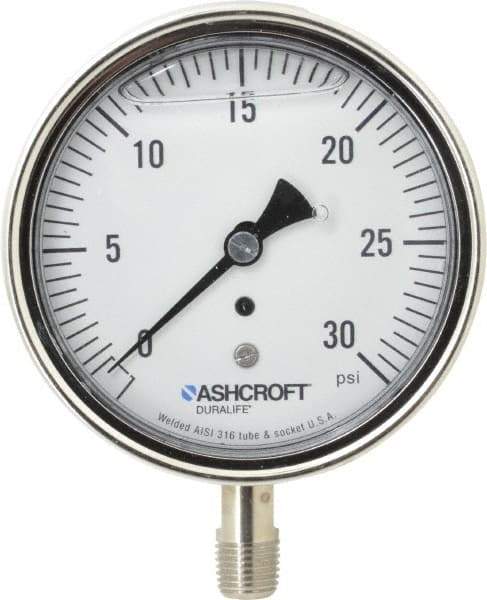 Ashcroft - 3-1/2" Dial, 1/4 Thread, 0-30 Scale Range, Pressure Gauge - Lower Connection Mount, Accurate to 1% of Scale - USA Tool & Supply