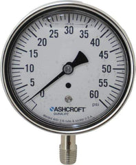 Ashcroft - 3-1/2" Dial, 1/4 Thread, 0-60 Scale Range, Pressure Gauge - Lower Connection Mount, Accurate to 1% of Scale - USA Tool & Supply