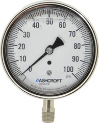 Ashcroft - 3-1/2" Dial, 1/4 Thread, 0-100 Scale Range, Pressure Gauge - Lower Connection Mount, Accurate to 1% of Scale - USA Tool & Supply