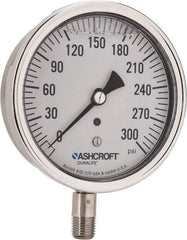 Ashcroft - 3-1/2" Dial, 1/4 Thread, 0-300 Scale Range, Pressure Gauge - Lower Connection Mount, Accurate to 1% of Scale - USA Tool & Supply