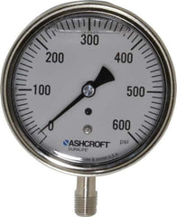 Ashcroft - 3-1/2" Dial, 1/4 Thread, 0-600 Scale Range, Pressure Gauge - Lower Connection Mount, Accurate to 1% of Scale - USA Tool & Supply
