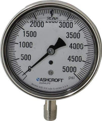 Ashcroft - 3-1/2" Dial, 1/4 Thread, 0-5,000 Scale Range, Pressure Gauge - Lower Connection Mount, Accurate to 1% of Scale - USA Tool & Supply